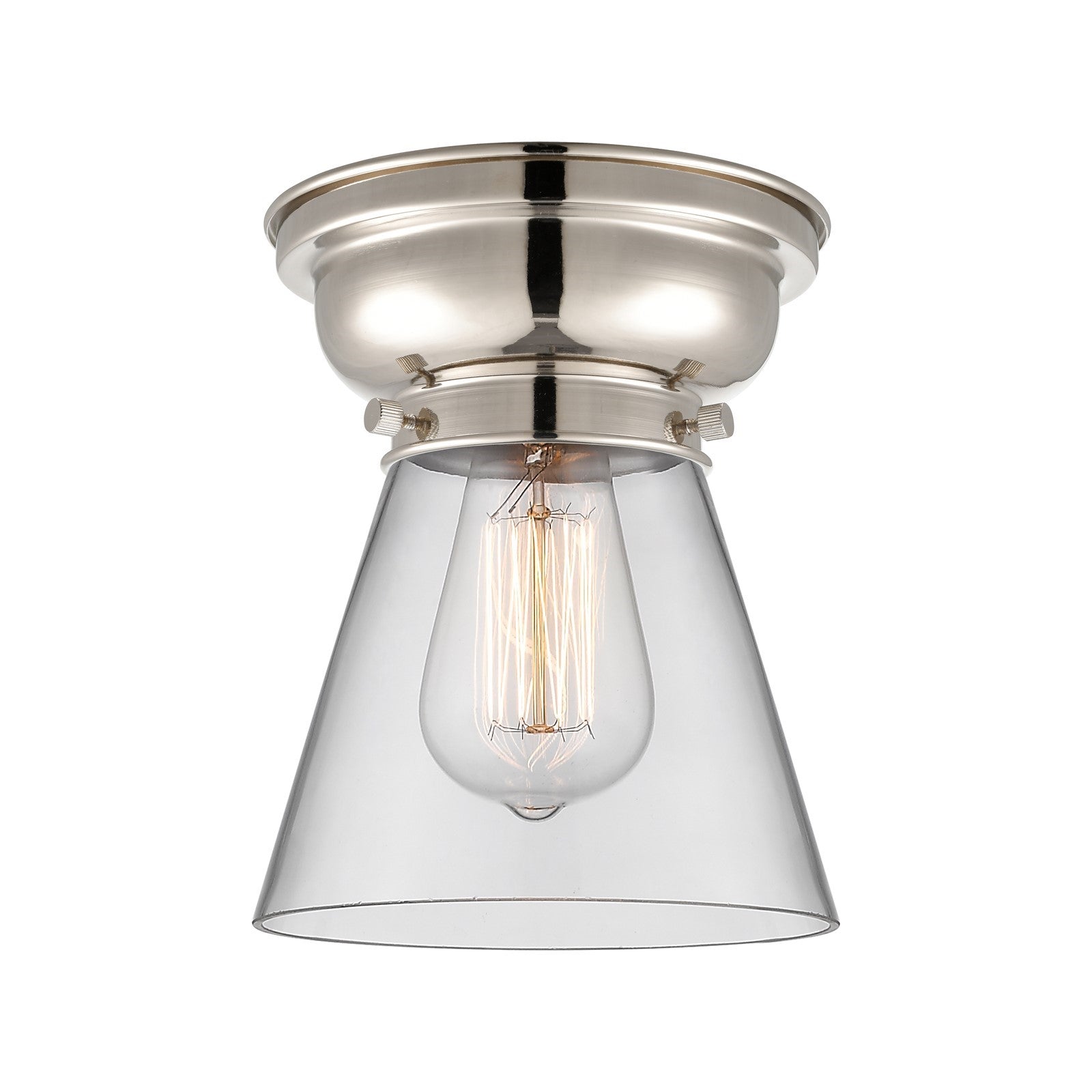 Innovations Cone 6.25in 1-Light Flush Mount | Industrial Polished Nickel and Clear Glass | Hallway & Bedroom | 600 Lumens 2700K | Model 623-1F-PN-G62-LED