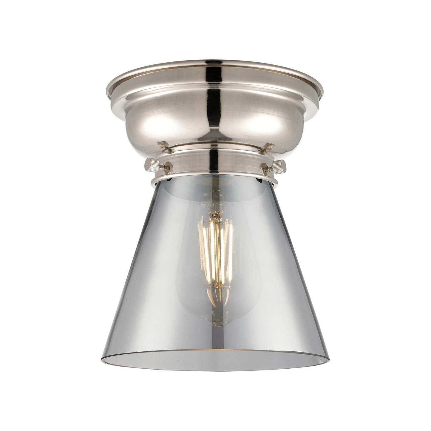 Innovations Cone 6.25in 1-Light Flush Mount | Industrial Farmhouse Polished Nickel and Light Smoke Glass | Damp-Rated Bathroom & | Model 623-1F-PN-G63-LED