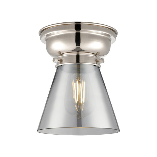 Innovations Cone 6.25in 1-Light Flush Mount | Industrial Farmhouse Polished Nickel and Light Smoke Glass | Damp-Rated Bathroom & | Model 623-1F-PN-G63-LED