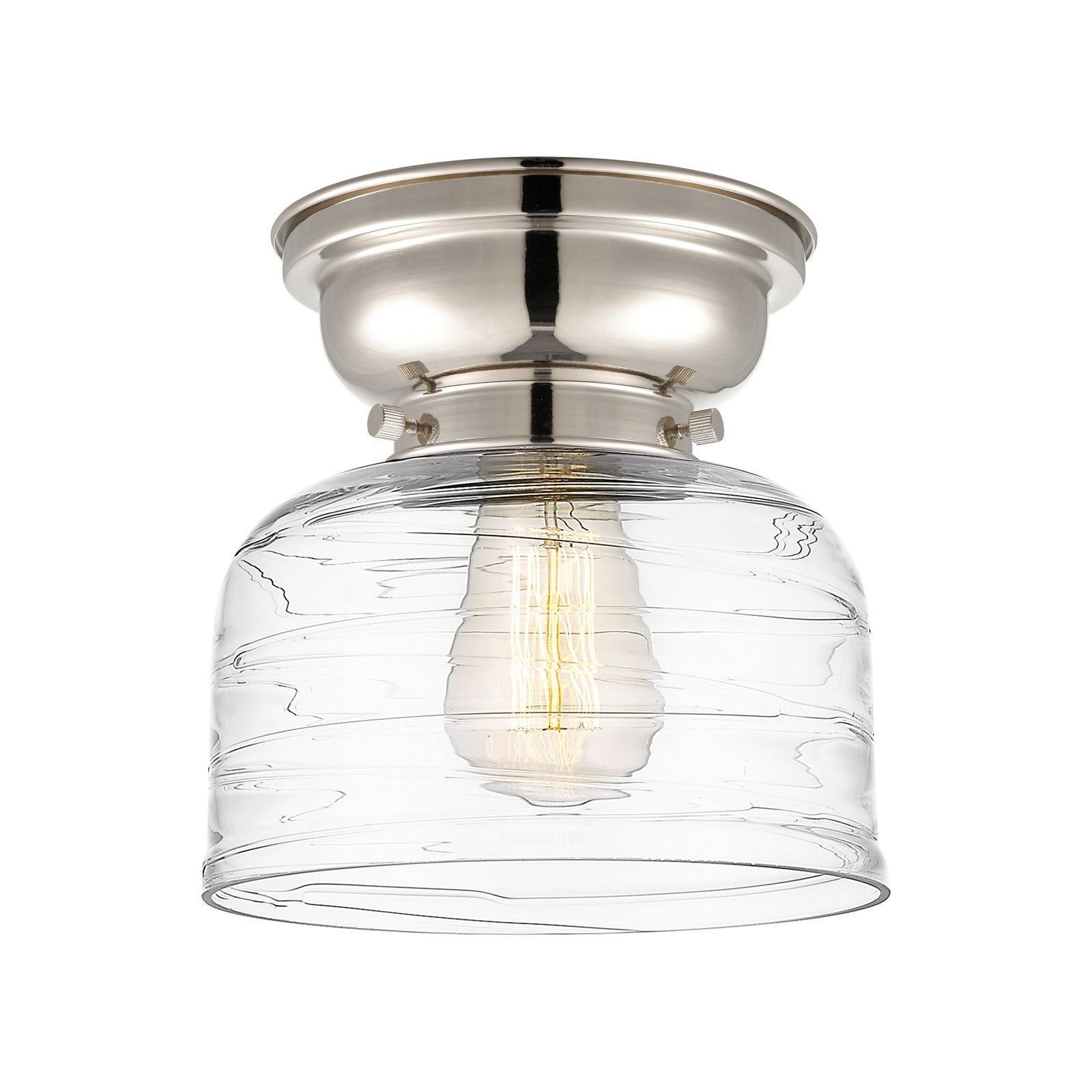 Innovations Bell 8in 1-Light Flush Mount | Industrial Polished Nickel Steel and Clear Deco Swirl Glass | Entryway & Hallway | 7.75 | Model 623-1F-PN-G713