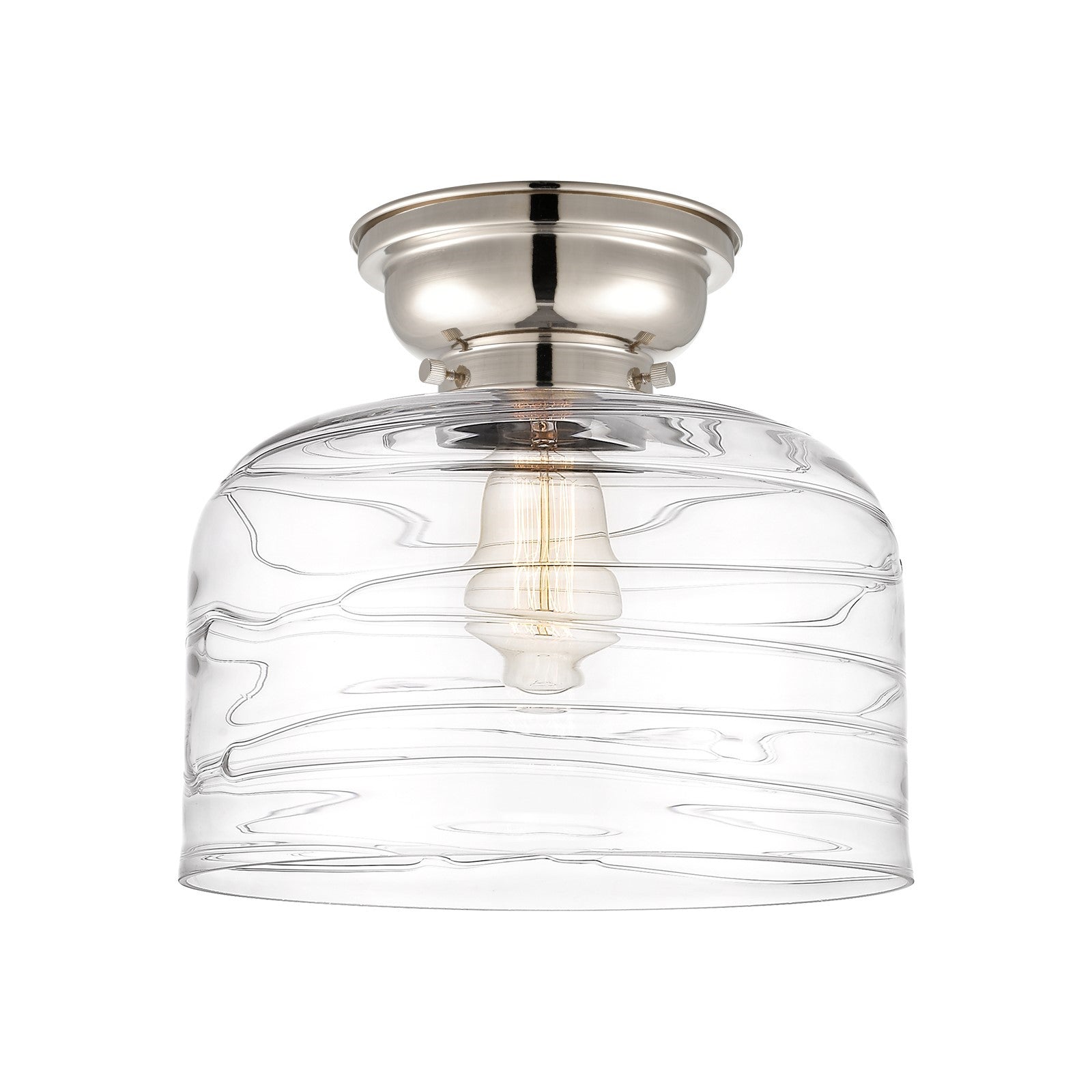 Innovations Bell 11.5in 1-Light Flush Mount | Industrial Polished Nickel Steel and Clear Deco Swirl Glass | Bedroom & Hallway | Model 623-1F-PN-G713-L-LED