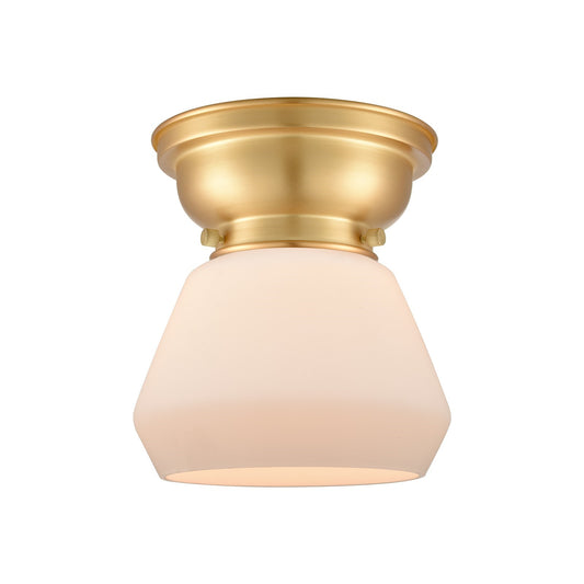 Innovations Fulton 7in 1-Light Flush Mount | Industrial Satin Gold Steel and Matte White Frosted Glass | Hallway & Bedroom | 7 | Model 623-1F-SG-G171-LED