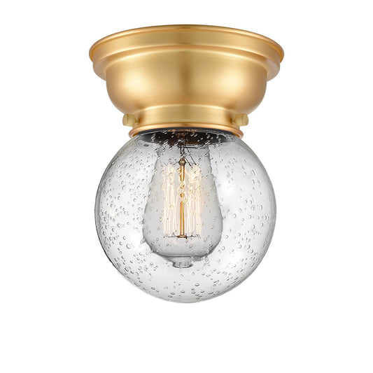Innovations Beacon 6in 1-Light Flush Mount | Industrial Satin Gold Steel and Seedy Glass | Bedroom & Hallway | 6 x 6 x 8.38 in | Model 623-1F-SG-G204-6-LED