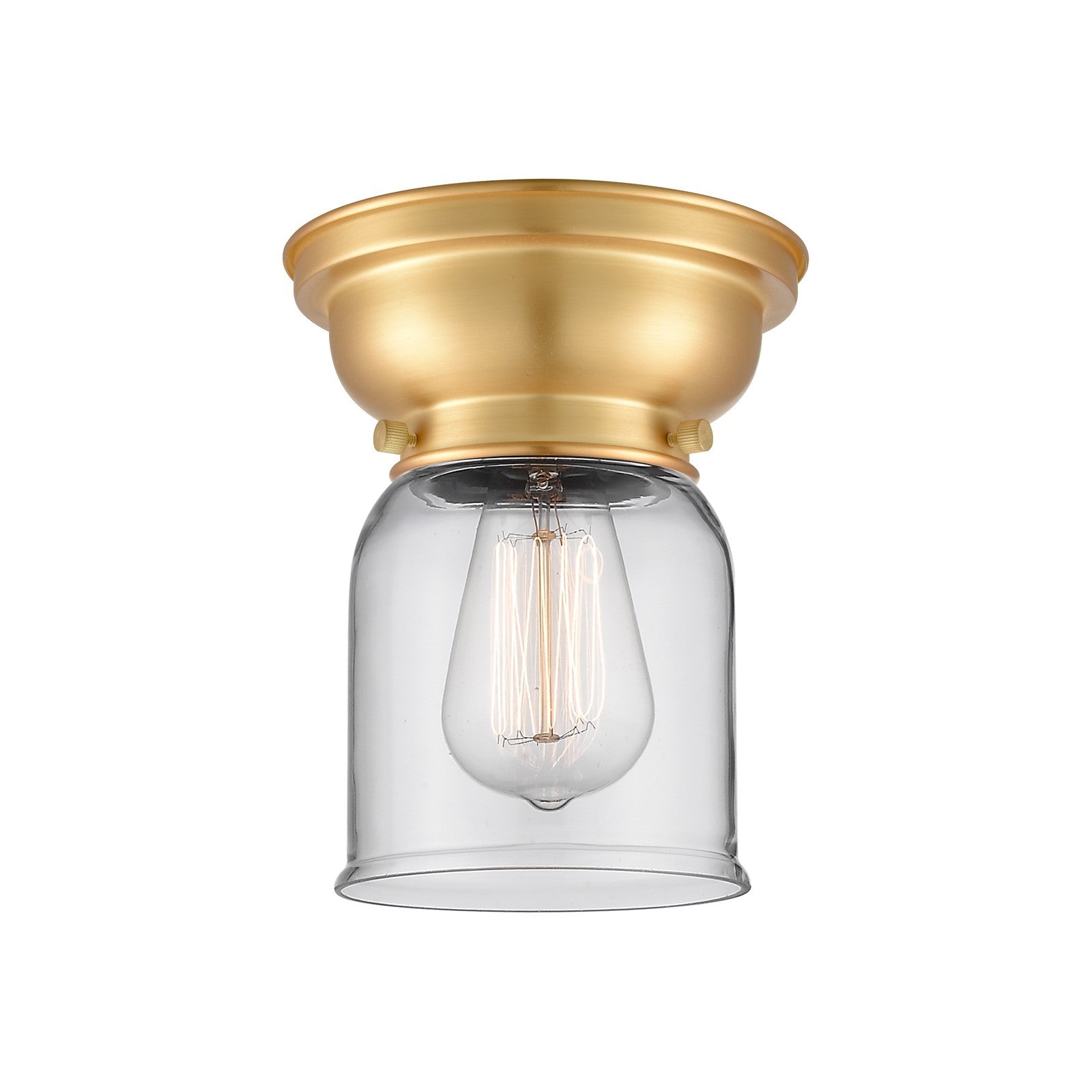Innovations Bell 5in 1-Light Flush Mount | Industrial Farmhouse Satin Gold Steel and Clear Glass | Bedroom & Hallway | 5 x 8 in | Model 623-1F-SG-G52-LED