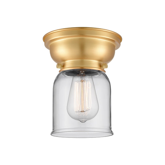 Innovations Bell 5in 1-Light Flush Mount | Industrial Farmhouse Satin Gold Steel and Clear Glass | Bedroom & Hallway | 5 x 8 in | Model 623-1F-SG-G52-LED