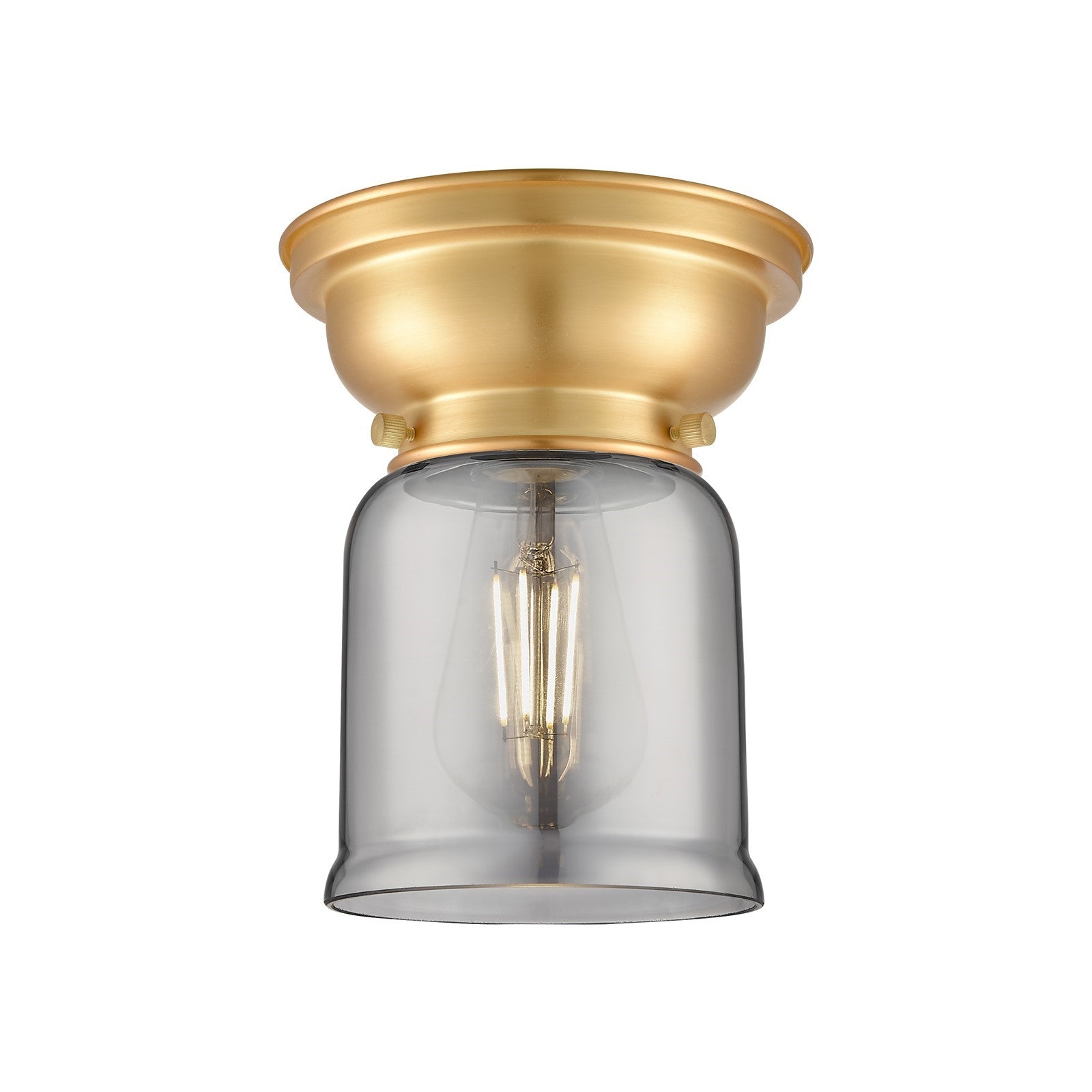 Innovations Bell 5in 1-Light Flush Mount | Industrial Farmhouse Satin Gold Steel and Light Smoke Glass | Bedroom & Hallway | 5 x | Model 623-1F-SG-G53-LED
