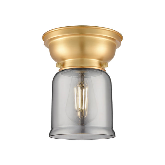 Innovations Bell 5in 1-Light Flush Mount | Industrial Farmhouse Satin Gold Steel and Light Smoke Glass | Bedroom & Hallway | 5 x | Model 623-1F-SG-G53-LED