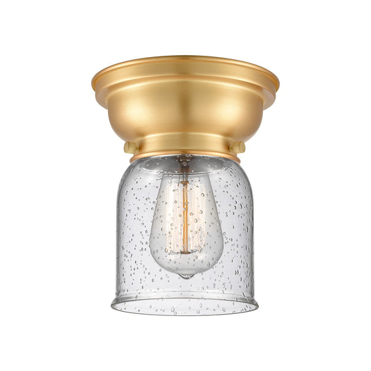 Innovations Bell 5in 1-Light Flush Mount | Industrial Satin Gold Steel and Seedy Glass | Hallway & Bedroom | 5 x 8 in | Model 623-1F-SG-G54