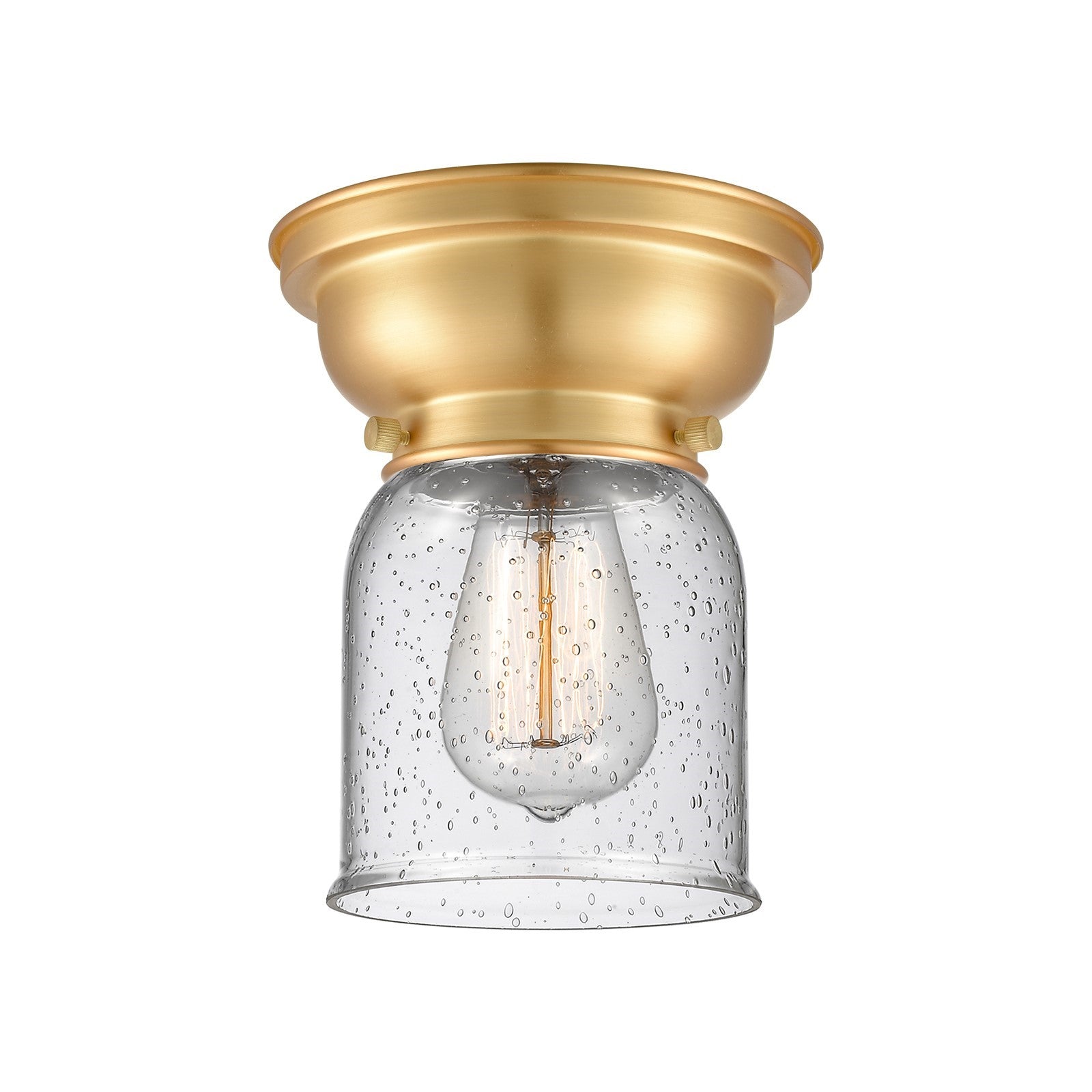 Innovations Bell 5in 1-Light Flush Mount | Industrial Farmhouse Satin Gold Steel and Seedy Glass | Bathroom & Hallway Damp-Rated | Model 623-1F-SG-G54-LED
