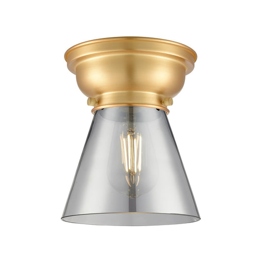 Innovations Cone 6.25in 1-Light Flush Mount | Industrial Farmhouse Satin Gold Steel and Light Smoke Glass | Hallway & Bedroom Accent | Model 623-1F-SG-G63