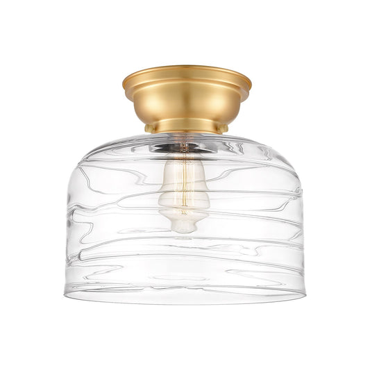 Innovations Bell 12in 1-Light Flush Mount | Industrial Farmhouse Satin Gold Steel and Clear Deco Swirl Glass | Entryway & | Model 623-1F-SG-G713-L-LED