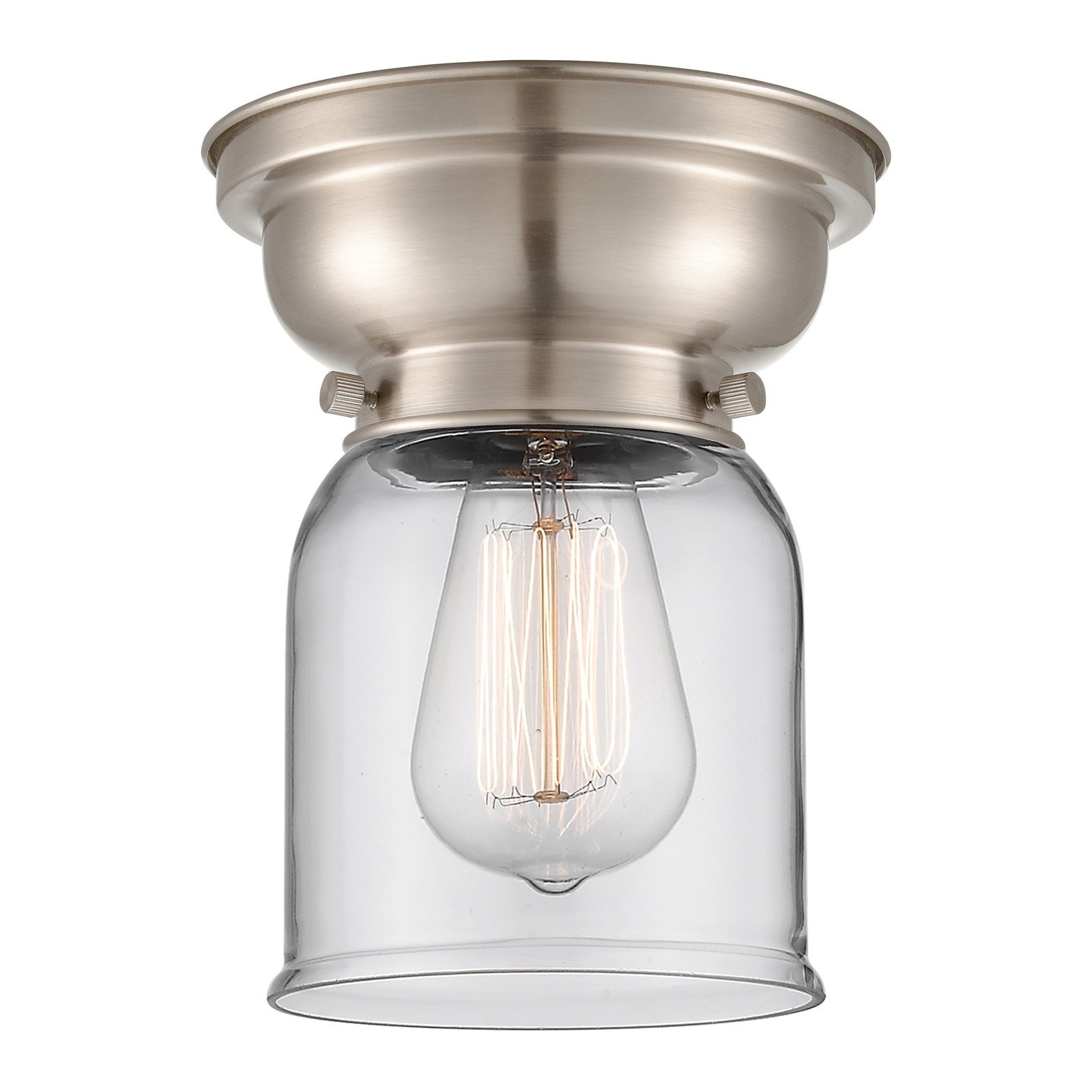 Innovations Bell 5in 1-Light Flush Mount | Industrial Brushed Satin Nickel Steel and Clear Glass | Hallway & Bathroom | 5 x 5 x 8 in | Model 623-1F-SN-G52