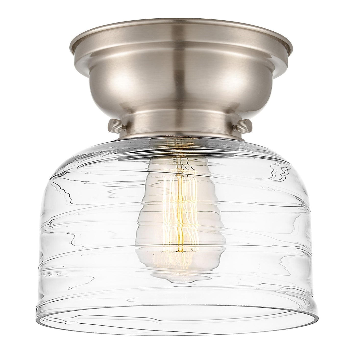 Innovations Bell 8in 1-Light Flush Mount | Industrial Farmhouse Brushed Satin Nickel and Clear Deco Swirl Glass | Damp Rated | Model 623-1F-SN-G713-LED