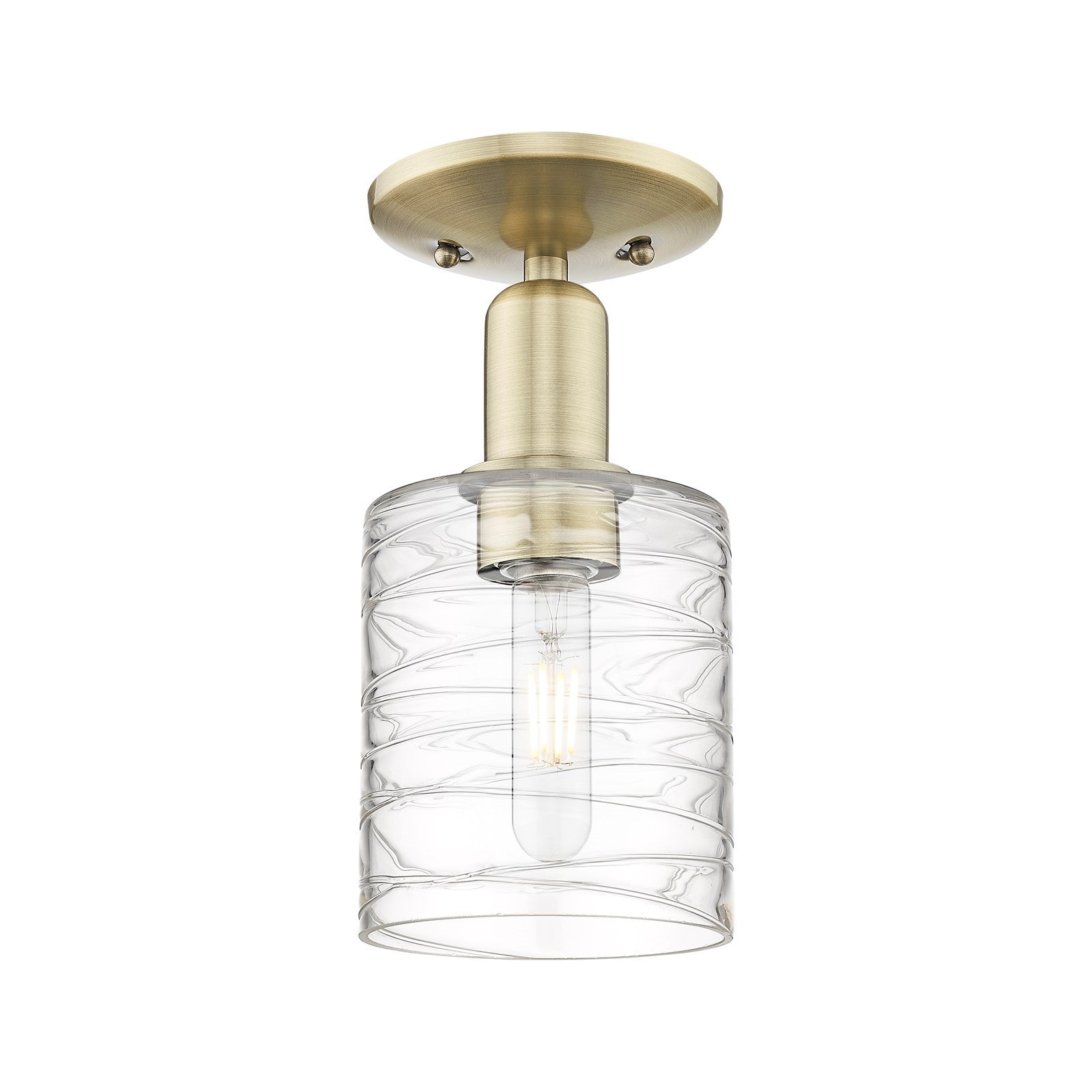 Innovations Cobbleskill 5in 1-Light Semi-Flush Mount | Industrial Antique Brass Steel and Deco Swirl Glass | Entryway & Hallway | Model 716-1C-AB-G1113