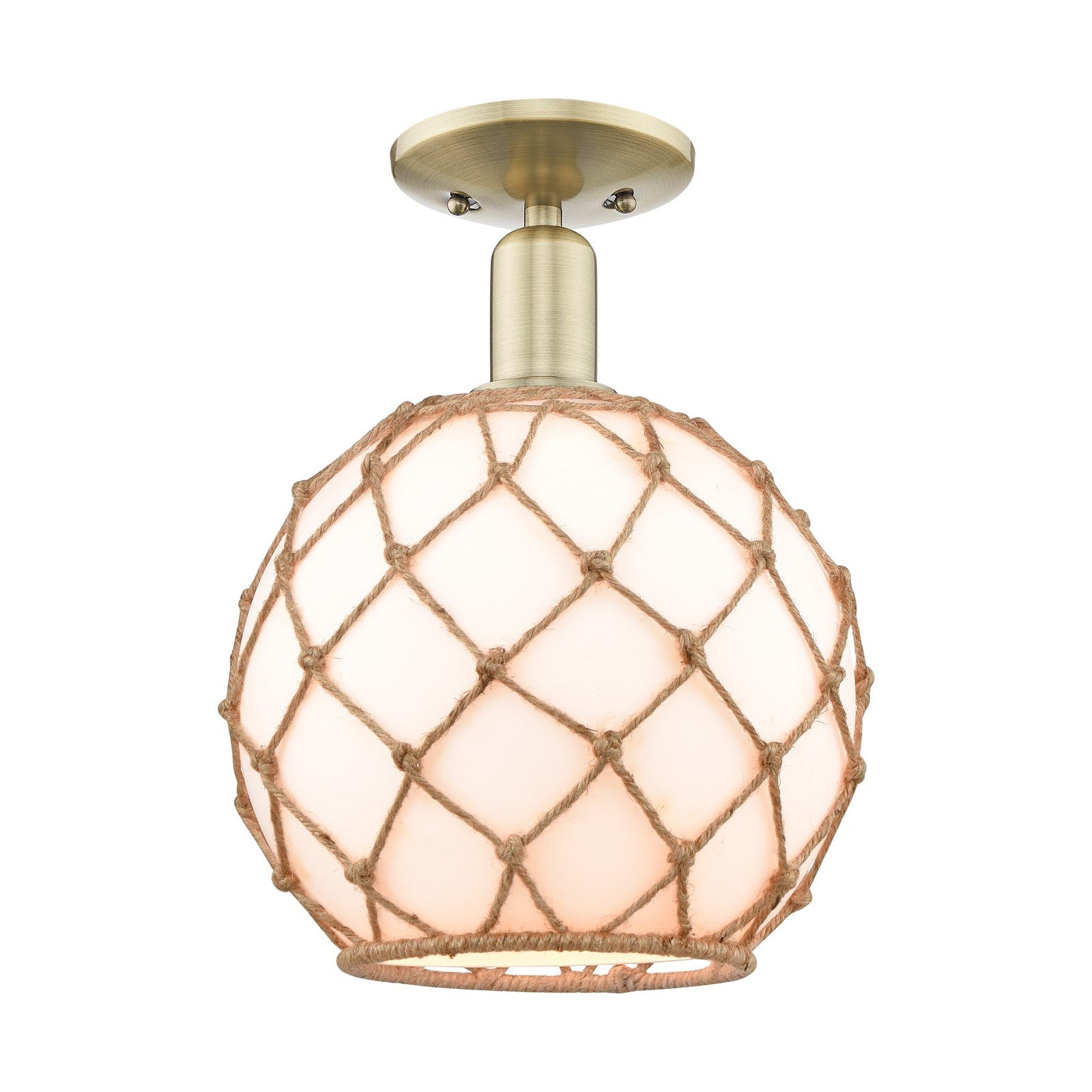Innovations Farmhouse Rope 10in 1-Light Semi-Flush Mount | Industrial Antique Brass and Matte White Glass with Brown Rope | Model 716-1C-AB-G121-10RB