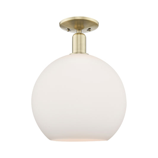 Innovations Athens 12in 1-Light Semi-Flush Mount | Industrial Antique Brass and Matte White Glass | Damp-Rated Entryway & | Model 716-1C-AB-G121-12