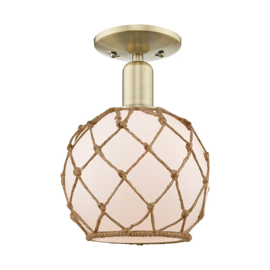 Innovations Farmhouse Rope 8in 1-Light Semi-Flush Mount | Industrial Antique Brass Steel and White Frosted Glass with Brown | Model 716-1C-AB-G121-8RB