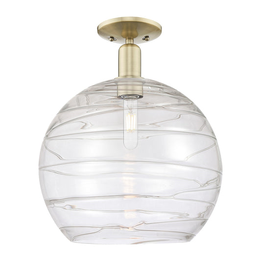 Innovations Athens Deco Swirl 14in 1-Light Semi-Flush Mount | Industrial Antique Brass Steel and Clear Deco Swirl Glass | Model 716-1C-AB-G1213-14CL