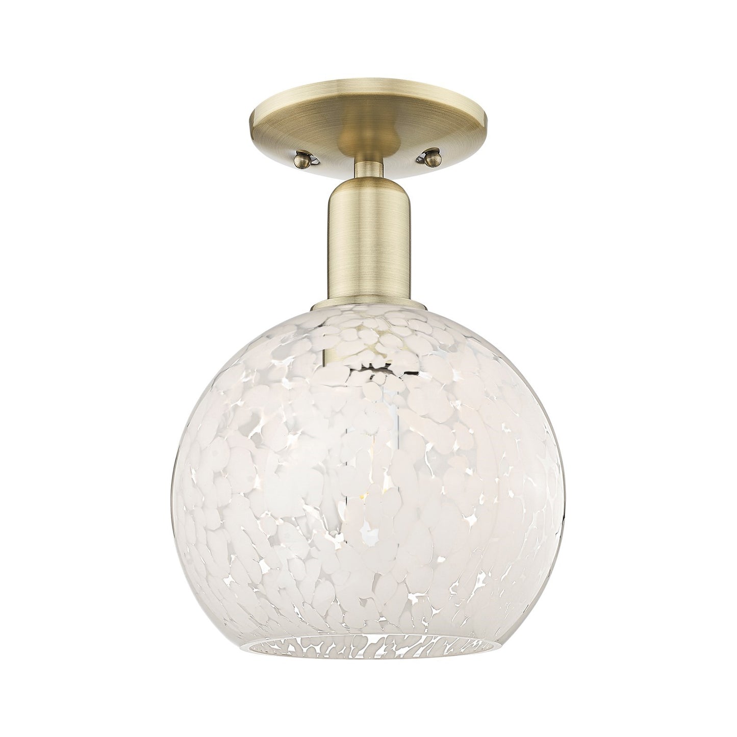 Innovations White Mouchette 8in 1-Light Semi-Flush Mount | Industrial Antique Brass Steel and White Mouchette Glass | Hallway | Model 716-1C-AB-G1216-8WM