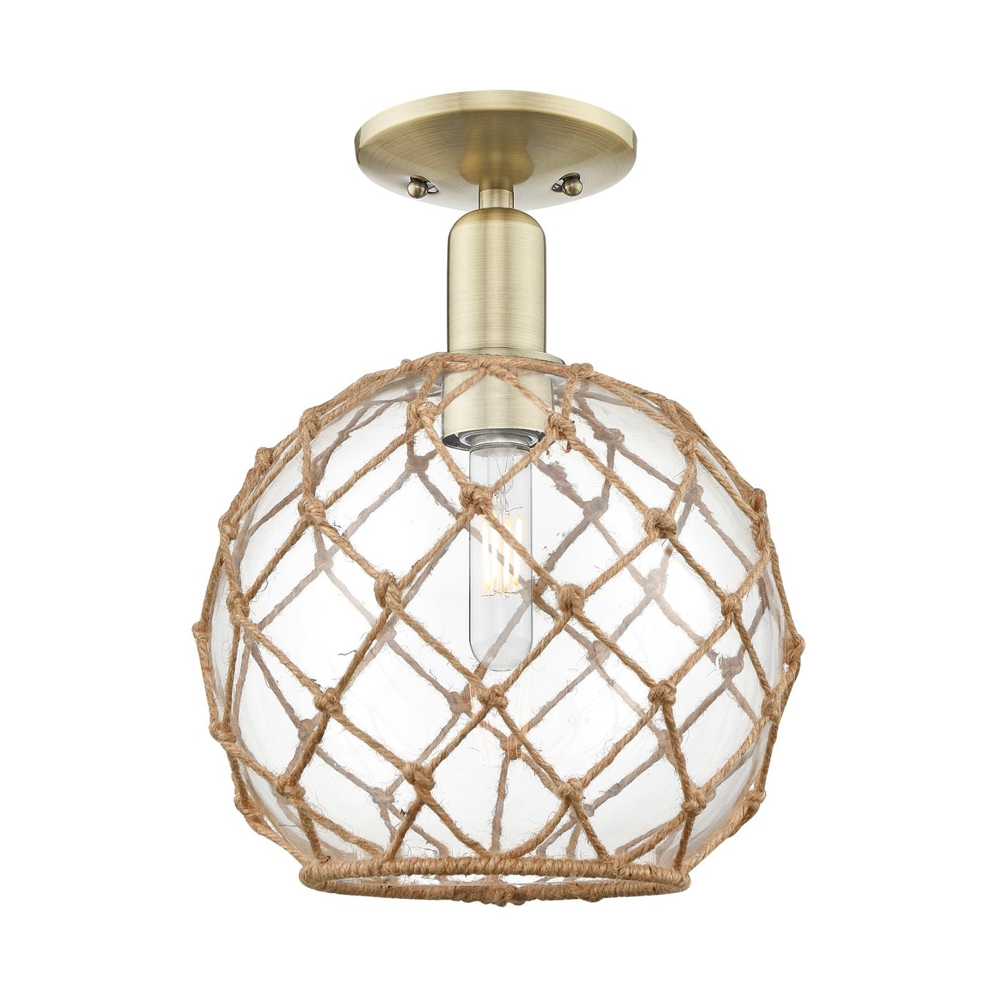 Innovations Farmhouse Rope 10in 1-Light Semi-Flush Mount | Industrial Antique Brass Steel and Clear Glass with Brown Rope | Model 716-1C-AB-G122-10RB