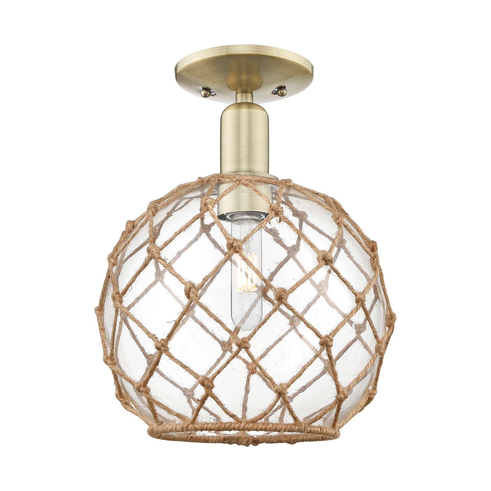 Innovations Farmhouse Rope 10in 1-Light Semi-Flush Mount | Industrial Antique Brass Steel and Clear Glass with Brown Rope | Model 716-1C-AB-G122-10RB