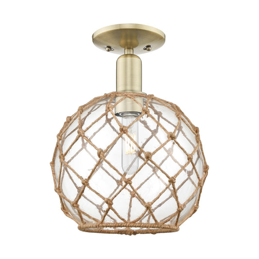 Innovations Farmhouse Rope 10in 1-Light Semi-Flush Mount | Industrial Antique Brass Steel and Clear Glass with Brown Rope | Model 716-1C-AB-G122-10RB