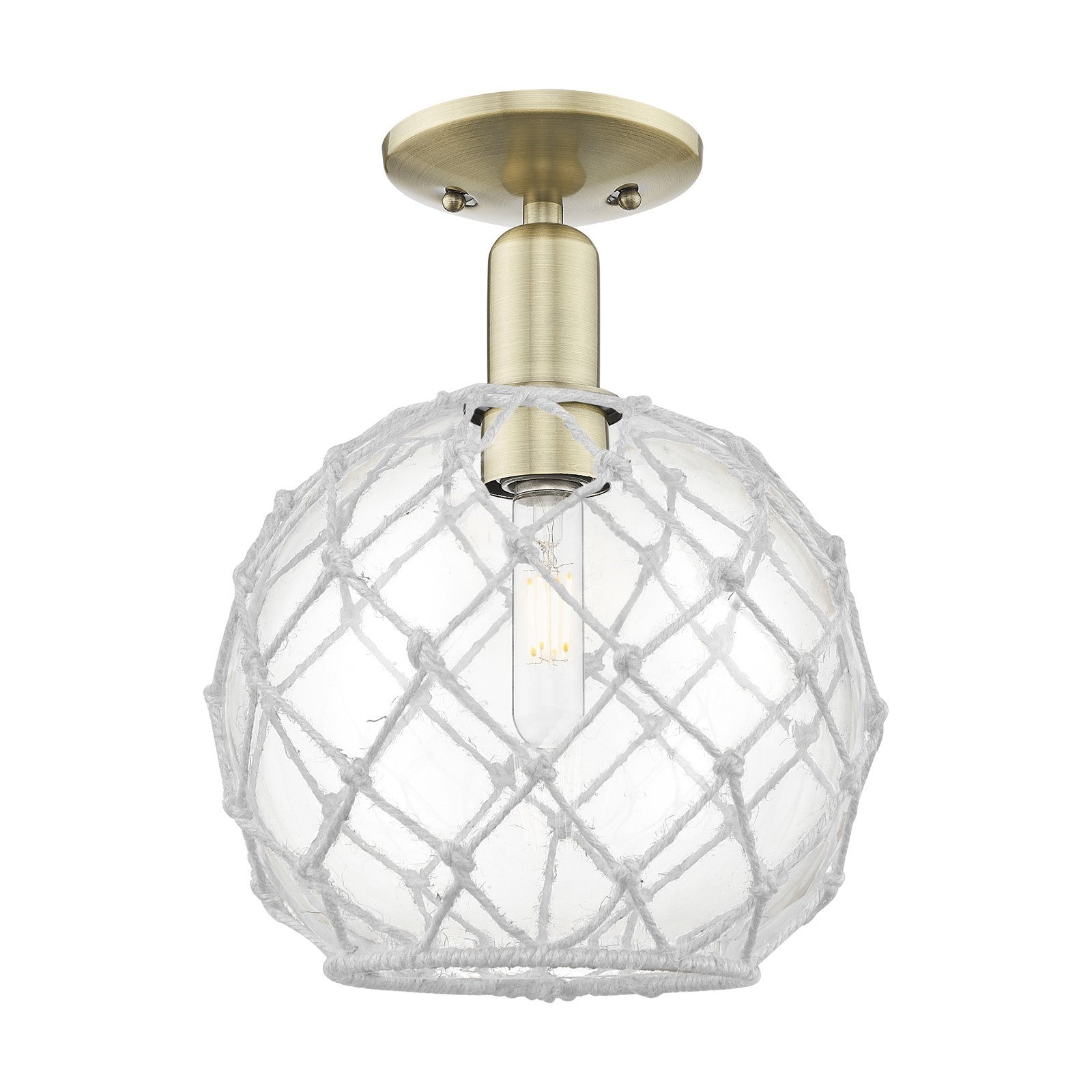 Innovations Farmhouse Rope 10in 1-Light Semi-Flush Mount | Industrial Antique Brass Steel and Clear Glass with White Rope | Model 716-1C-AB-G122-10RW