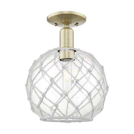 Innovations Farmhouse Rope 10in 1-Light Semi-Flush Mount | Industrial Antique Brass Steel and Clear Glass with White Rope | Model 716-1C-AB-G122-10RW