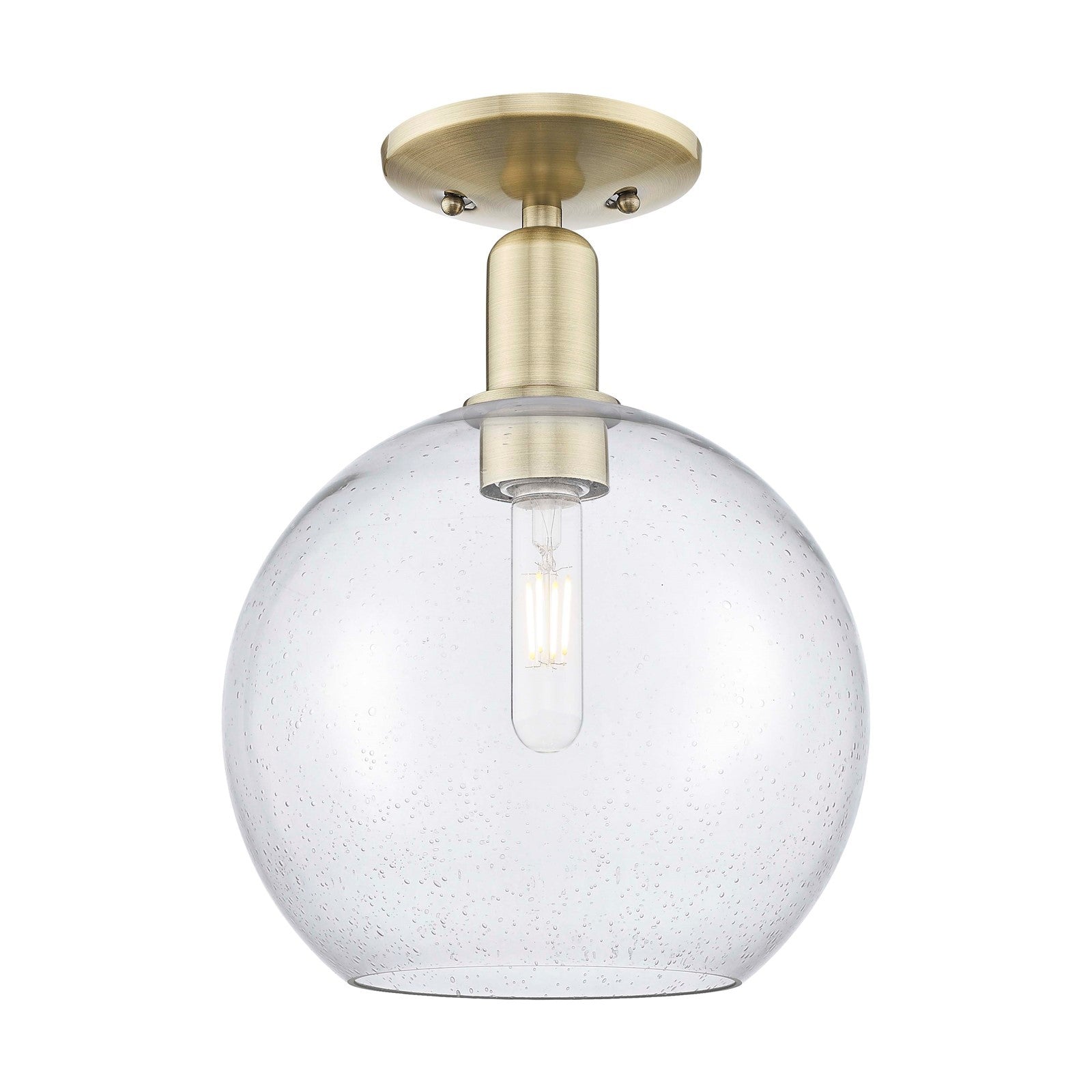 Innovations Athens 10in 1-Light Semi-Flush Mount | Industrial Antique Brass Steel and Seedy Glass | Entryway & Hallway | 10 x 10 | Model 716-1C-AB-G124-10