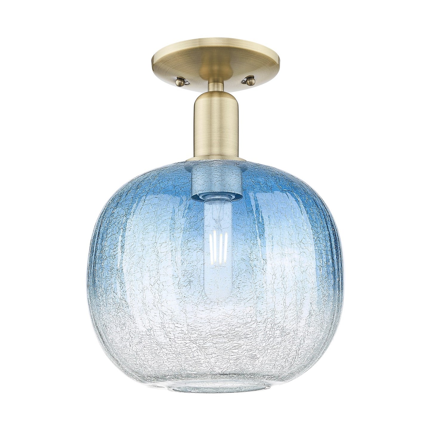 Innovations Brookhaven Sphere 10.5in 1-Light Semi-Flush Mount | Industrial Antique Brass and Sapphire Blue Glass | Kitchen & | Model 716-1C-AB-G481-10SB