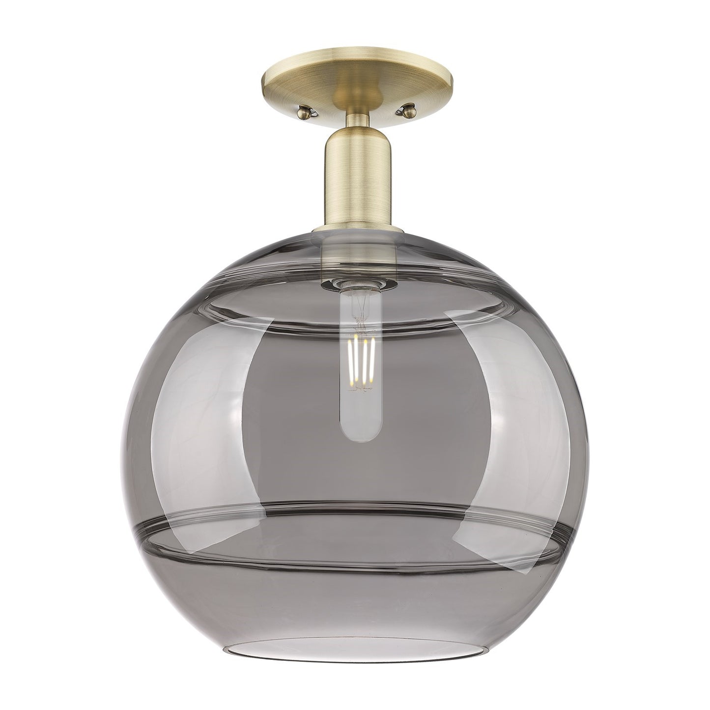Innovations Rochester 12in 1-Light Semi-Flush Mount | Industrial Antique Brass and Light Smoke Glass | Entryway & Hallway | 12 | Model 716-1C-AB-G556-12SM
