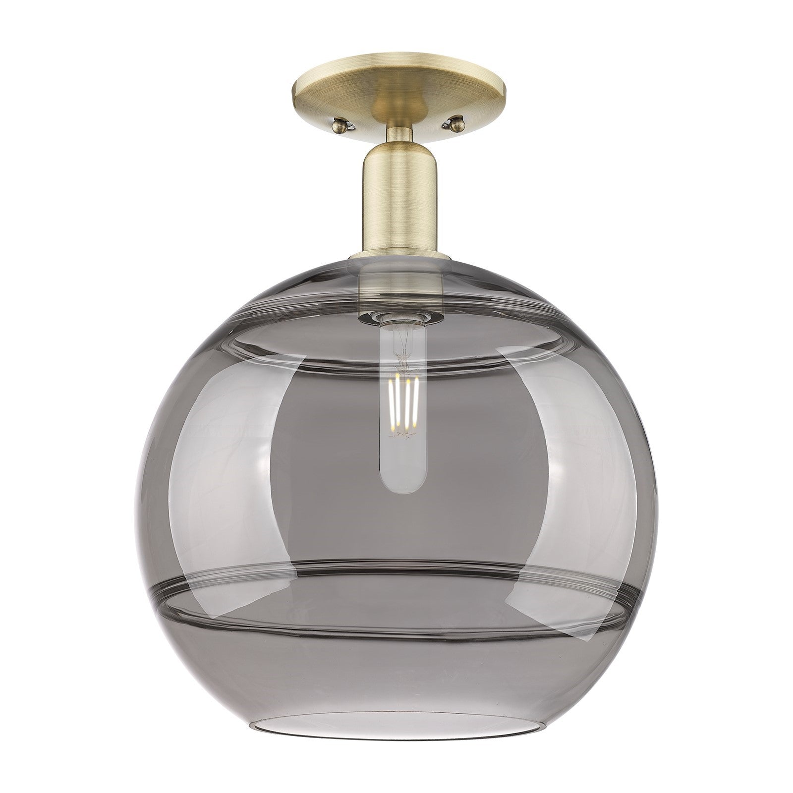 Innovations Rochester 12in 1-Light Semi-Flush Mount | Industrial Antique Brass and Light Smoke Glass | Entryway & Hallway | 12 | Model 716-1C-AB-G556-12SM