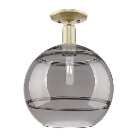 Innovations Rochester 12in 1-Light Semi-Flush Mount | Industrial Antique Brass and Light Smoke Glass | Entryway & Hallway | 12 | Model 716-1C-AB-G556-12SM