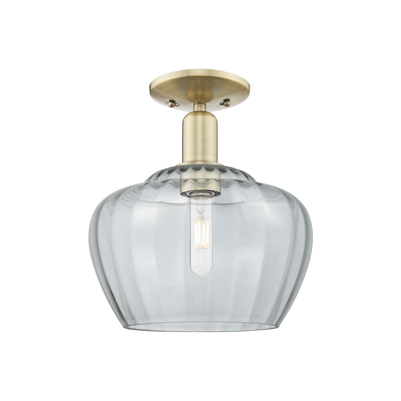 Innovations Fenton 11in 1-Light Semi-Flush Mount | Industrial Antique Brass and Clear Ribbed Glass | Entryway & Hallway | 11 x 11 | Model 716-1C-AB-G92-L