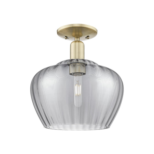 Innovations Fenton 11in 1-Light Semi-Flush Mount | Industrial Antique Brass Steel and Light Smoke Ribbed Glass | Kitchen & Hallway | Model 716-1C-AB-G93-L