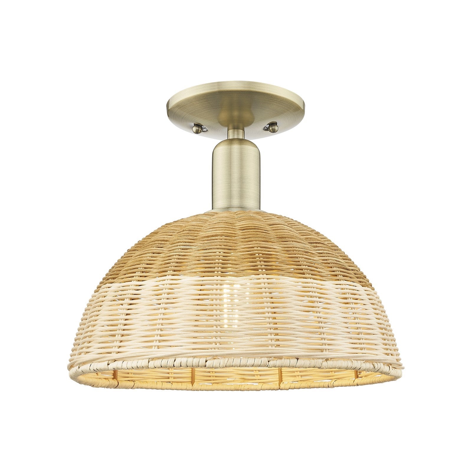 Innovations Natural Ballston Dome 12in 1-Light Semi-Flush Mount | Farmhouse Antique Brass and Natural Fiber Basketweave | Model 716-1C-AB-NBD2-12-NAT