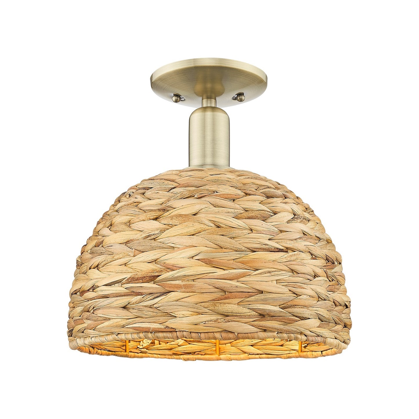 Innovations Woven Rattan 12in 1-Light Semi-Flush Mount | Industrial Antique Brass and Natural Rattan Shade | Entryway & | Model 716-1C-AB-RBD-12-NAT