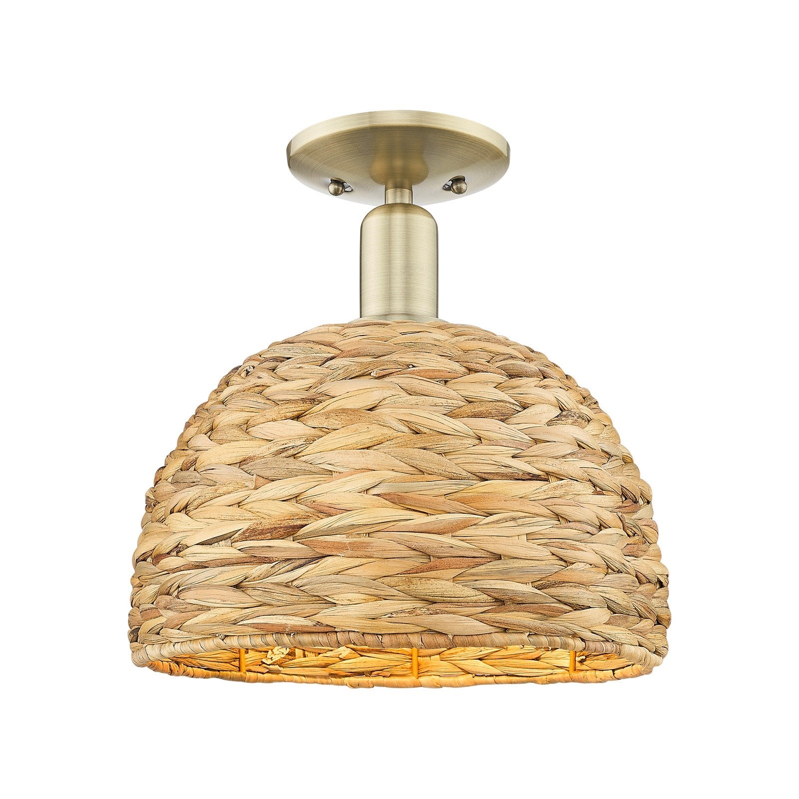 Innovations Woven Rattan 12in 1-Light Semi-Flush Mount | Industrial Antique Brass and Natural Rattan Shade | Entryway & | Model 716-1C-AB-RBD-12-NAT