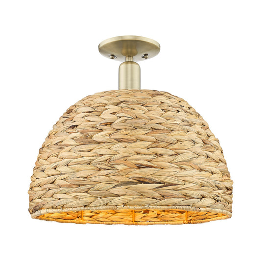 Innovations Woven Rattan 16in 1-Light Semi-Flush Mount | Industrial Antique Brass and Natural Fiber Dome | Indoor Hallway & | Model 716-1C-AB-RBD-16-NAT