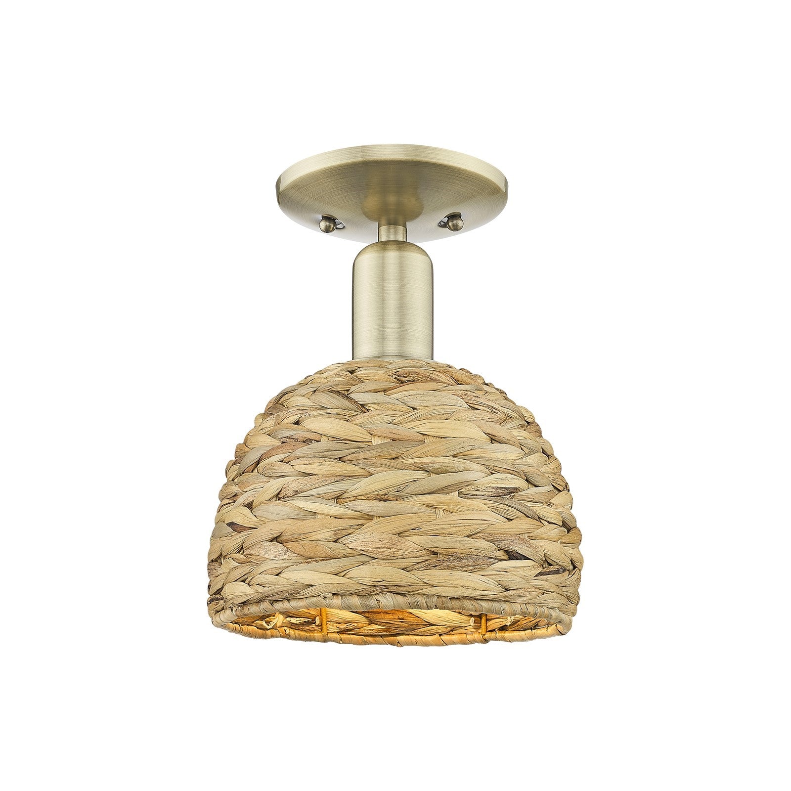 Innovations Woven Rattan 8in 1-Light Semi-Flush Mount | Rustic Antique Brass and Natural Woven Rattan | Entryway & Hallway | 8 | Model 716-1C-AB-RBD-8-NAT