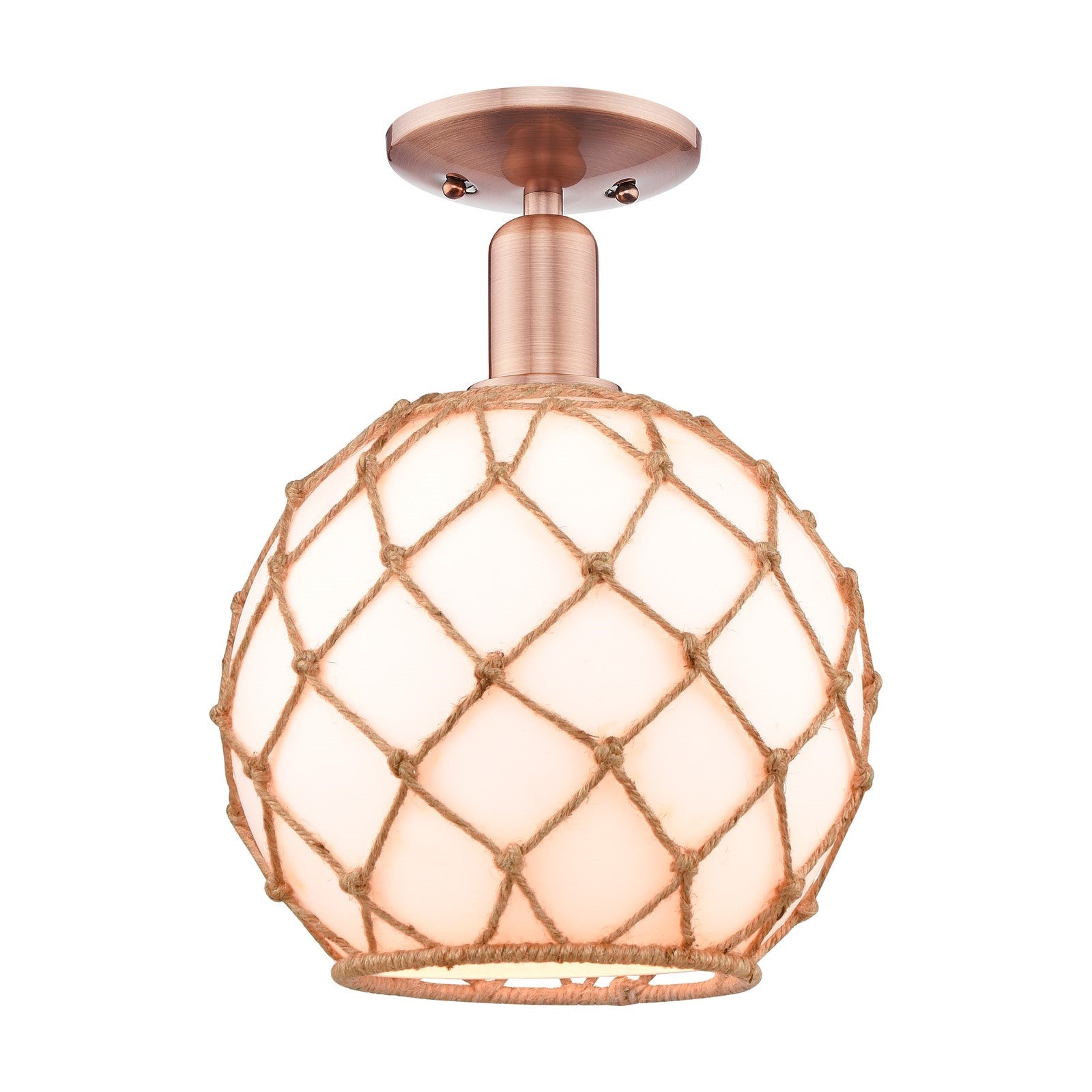 Innovations Farmhouse Rope 10in 1-Light Semi-Flush Mount | Industrial Antique Copper Steel and Matte White Glass Shade with | Model 716-1C-AC-G121-10RB