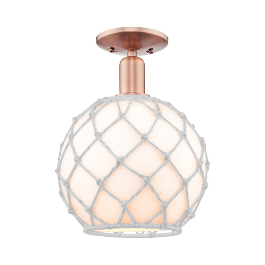 Innovations Farmhouse Rope 10in 1-Light Semi-Flush Mount | Industrial Antique Copper Steel and White Glass with White Rope | Model 716-1C-AC-G121-10RW
