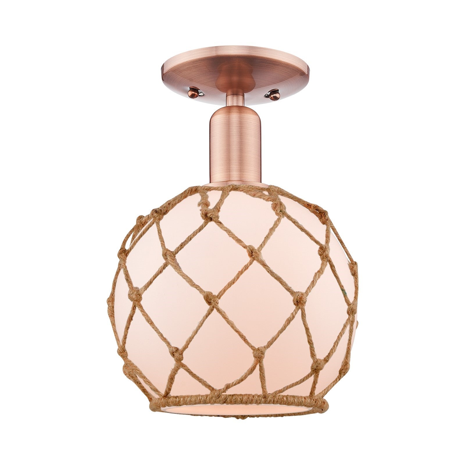 Innovations Farmhouse Rope 8in 1-Light Semi-Flush Mount | Industrial Antique Copper Steel and White Frosted Glass with Brown | Model 716-1C-AC-G121-8RB