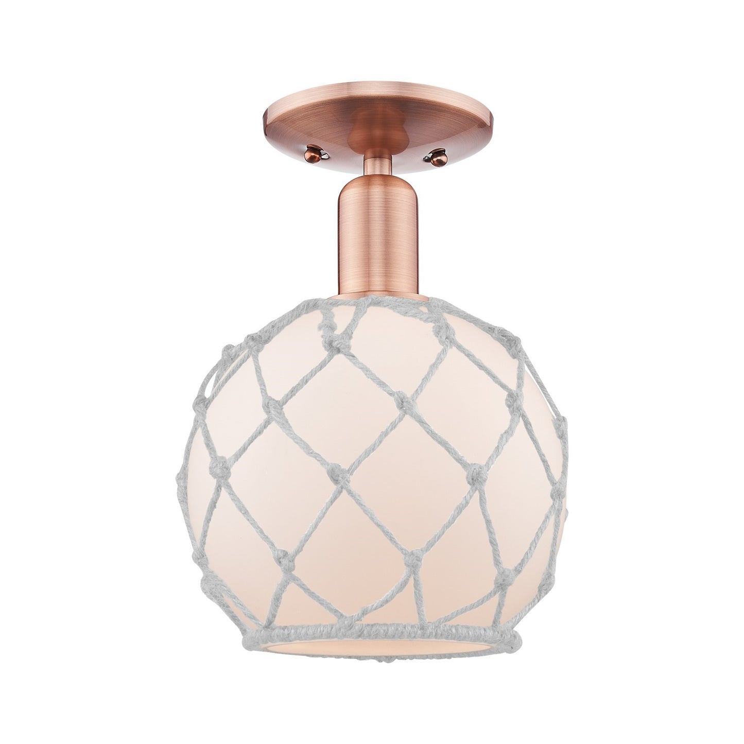 Innovations Farmhouse Rope 8in 1-Light Semi-Flush Mount | Industrial Antique Copper Steel and White Frosted Glass with Rope | Model 716-1C-AC-G121-8RW