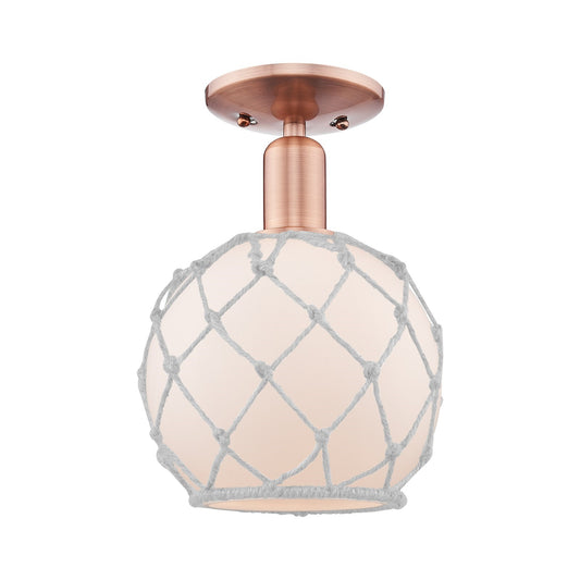 Innovations Farmhouse Rope 8in 1-Light Semi-Flush Mount | Industrial Antique Copper Steel and White Frosted Glass with Rope | Model 716-1C-AC-G121-8RW