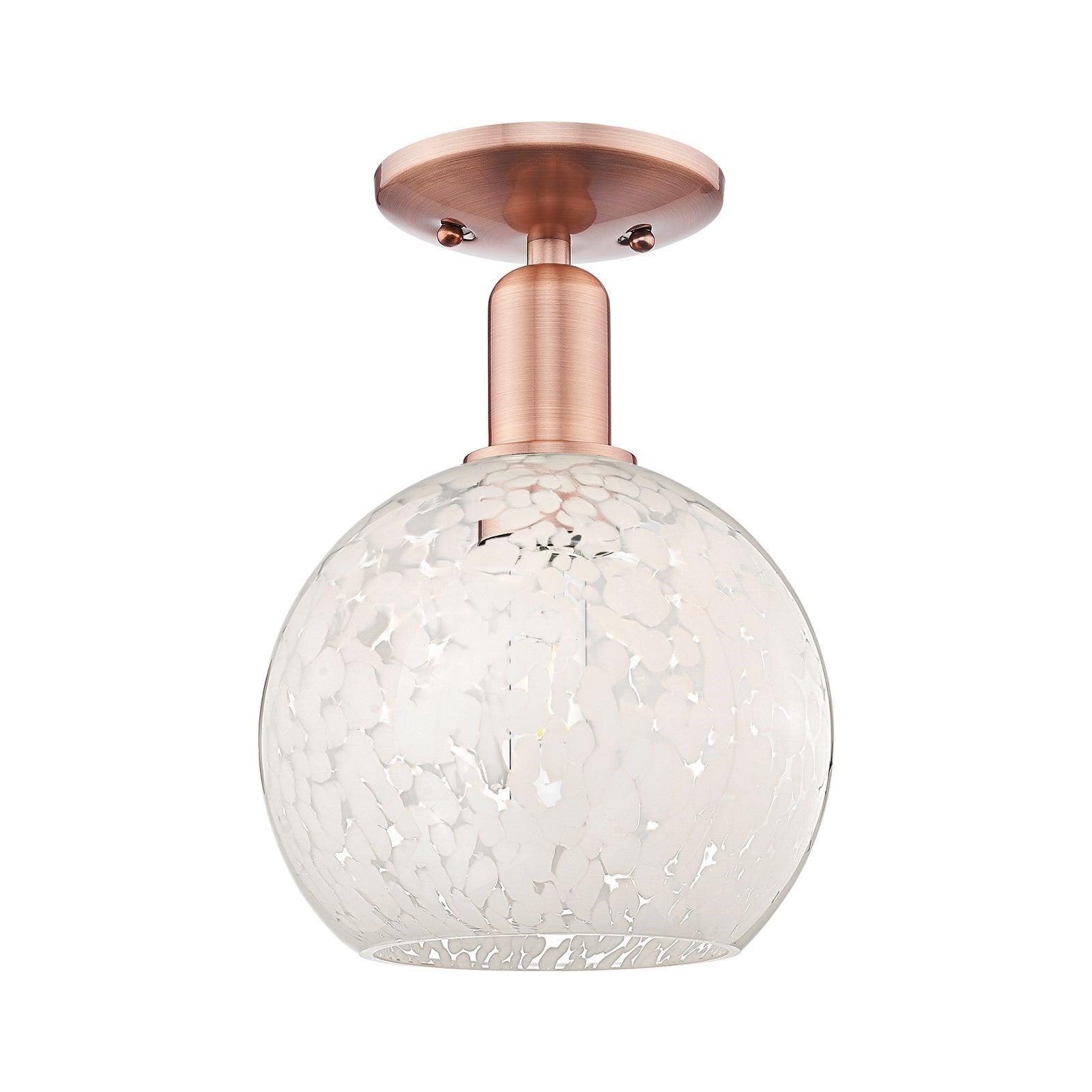 Innovations Lighting White Mouchette 8in 1-Light Semi-Flush Mount | Industrial Antique Copper Steel and White Glass | Kitchen | Model 716-1C-AC-G1216-8WM