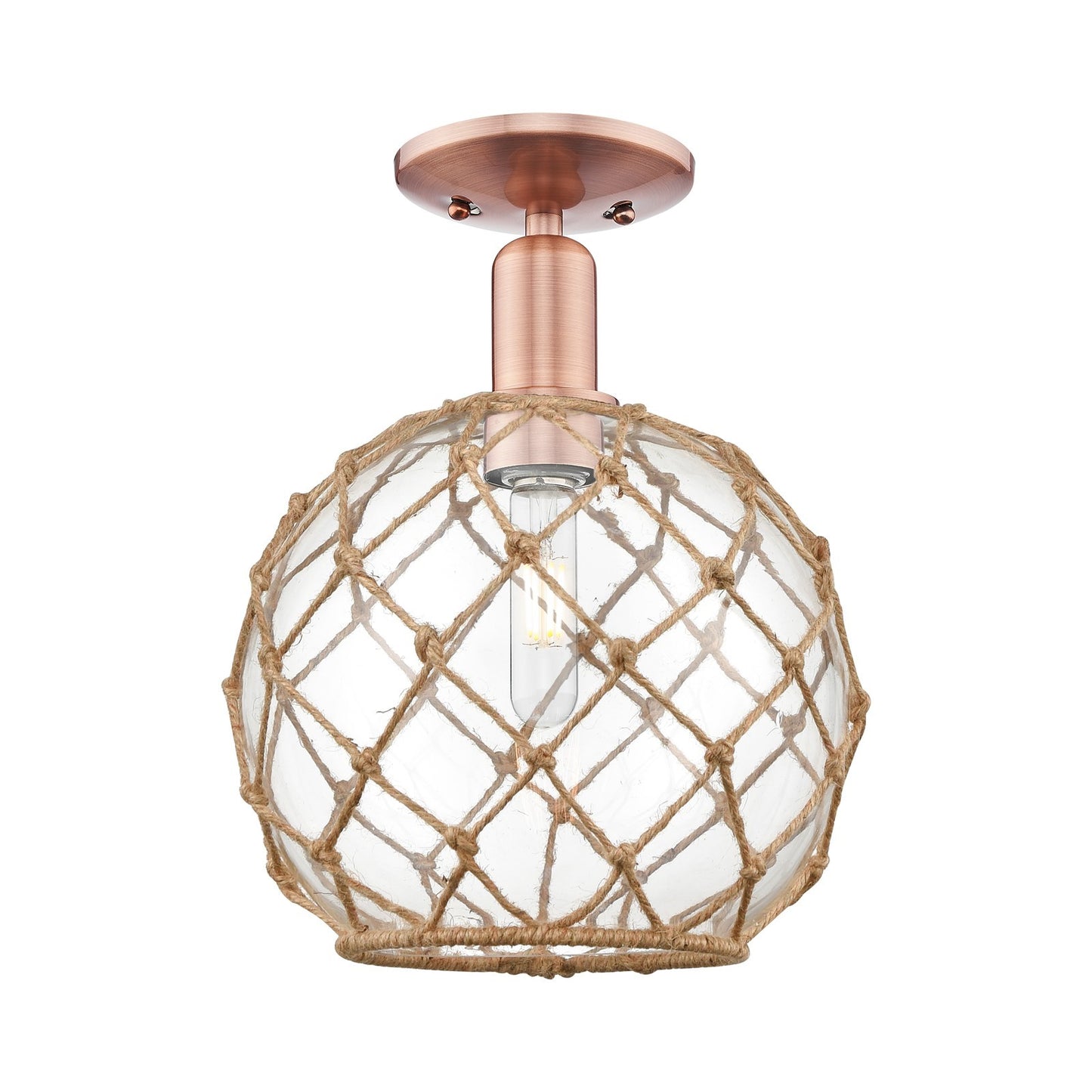 Innovations Farmhouse Rope 10in 1-Light Semi-Flush Mount | Industrial Antique Copper Steel and Clear Glass with Brown Rope | Model 716-1C-AC-G122-10RB