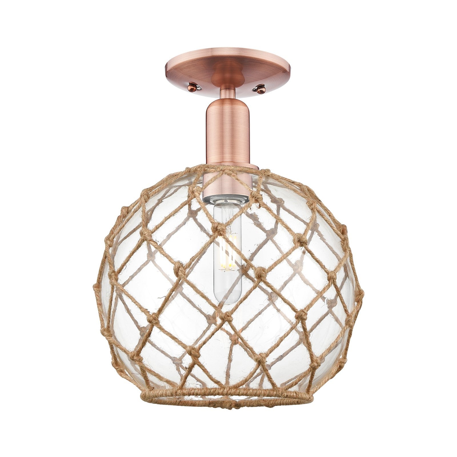 Innovations Farmhouse Rope 10in 1-Light Semi-Flush Mount | Industrial Antique Copper Steel and Clear Glass with Brown Rope | Model 716-1C-AC-G122-10RB