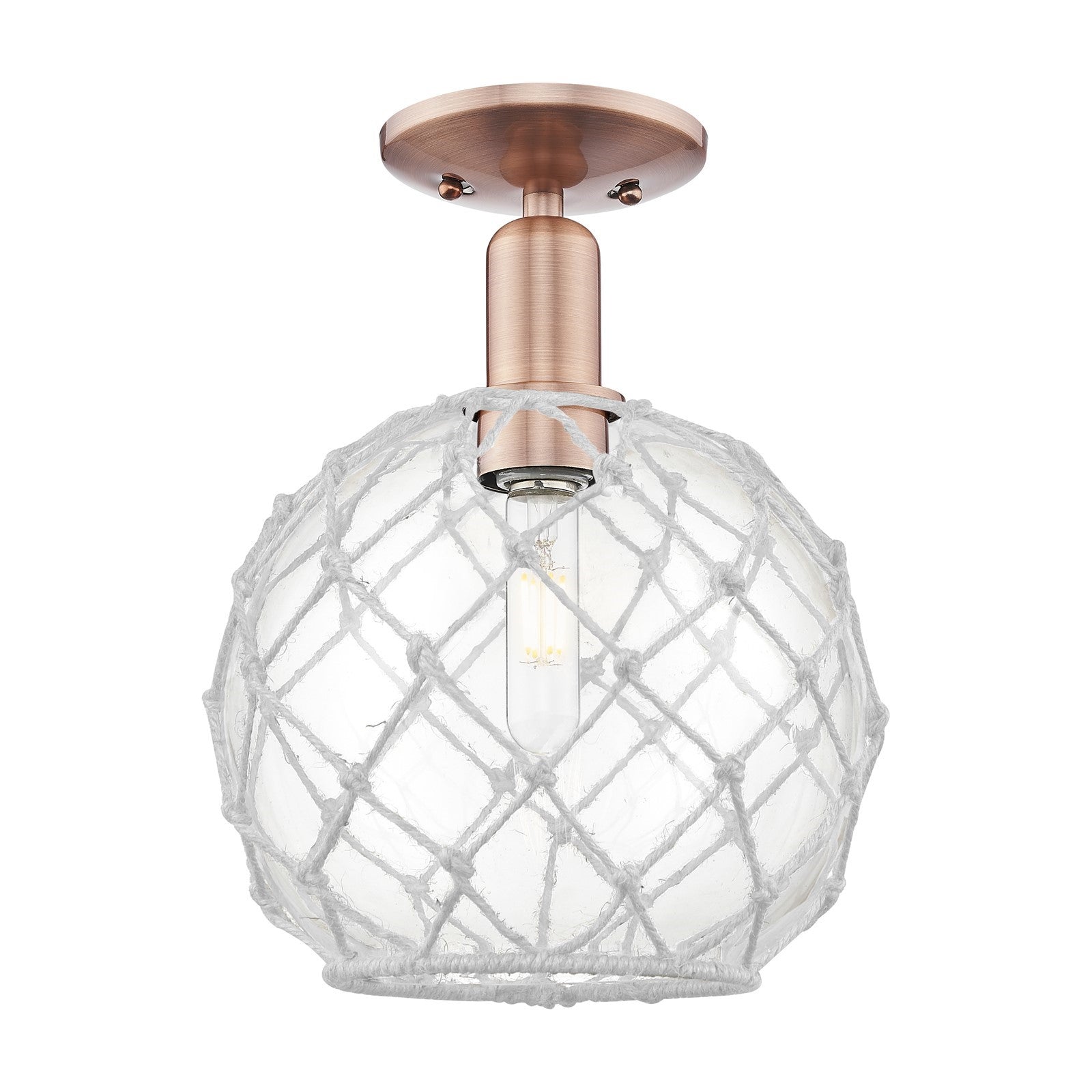 Innovations Farmhouse Rope 10in 1-Light Semi-Flush Mount | Industrial Antique Copper Steel and Clear Glass with White Rope | Model 716-1C-AC-G122-10RW