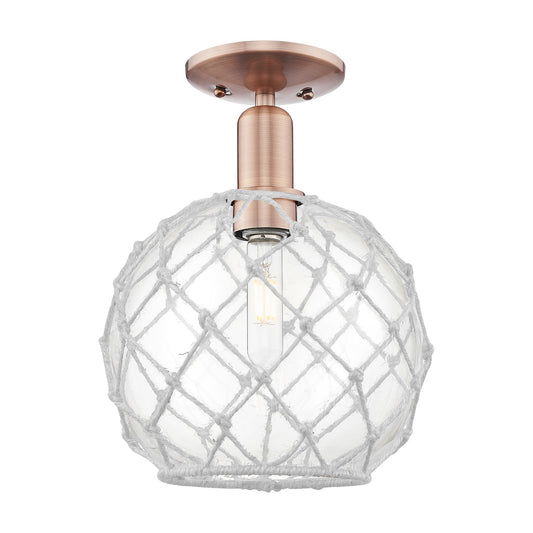 Innovations Farmhouse Rope 10in 1-Light Semi-Flush Mount | Industrial Antique Copper Steel and Clear Glass with White Rope | Model 716-1C-AC-G122-10RW